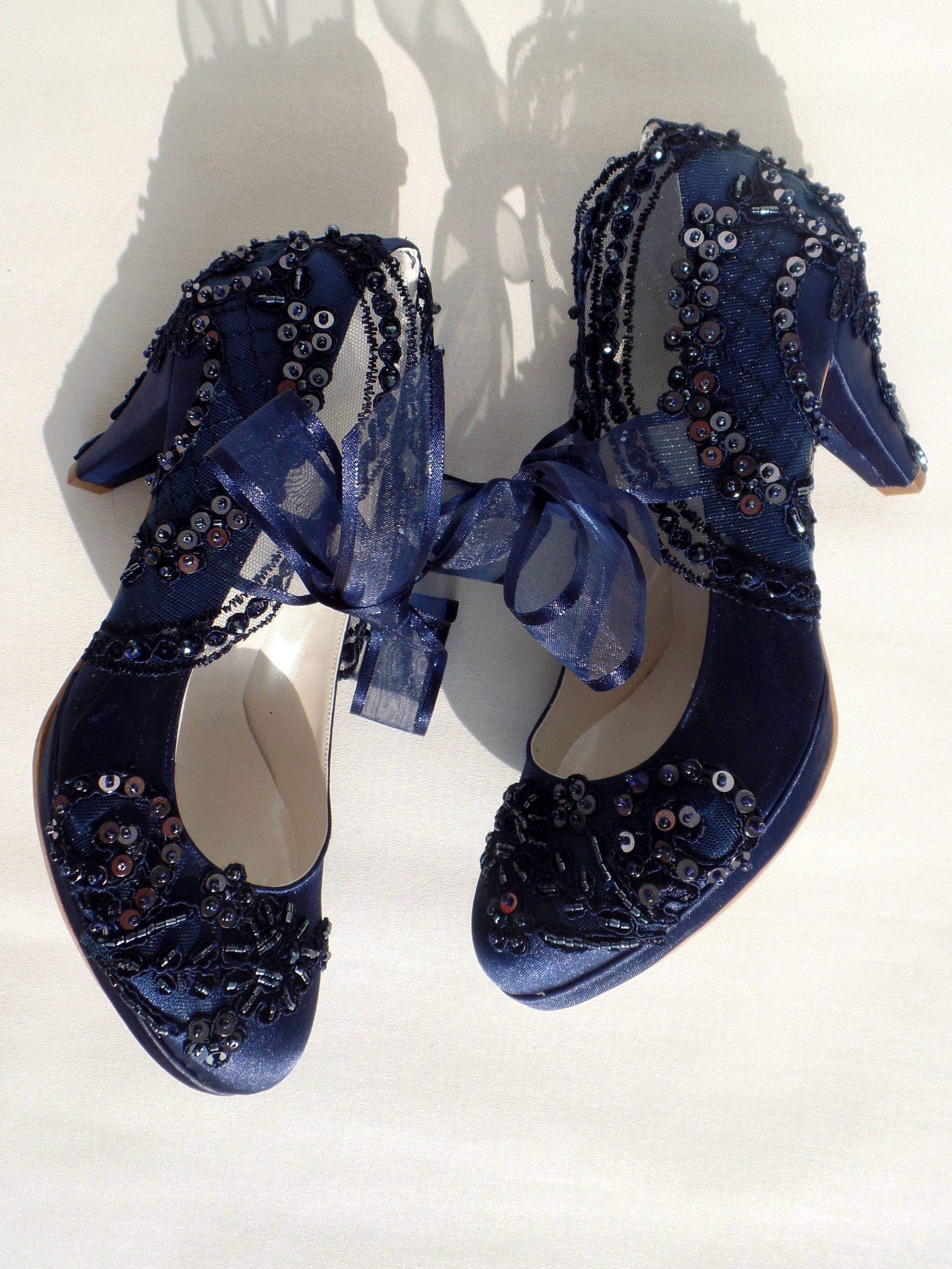 Lace Embellished Navy Blue Wedding Shoes Etsy Australia