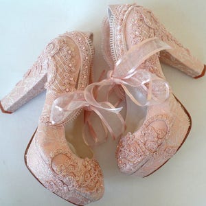 Blush Lace Wedding Shoes for Bride with Block Heels image 7