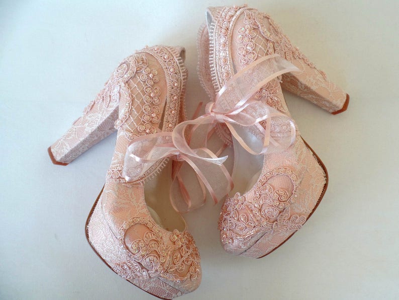 Blush Lace Wedding Shoes for Bride with Block Heels image 7