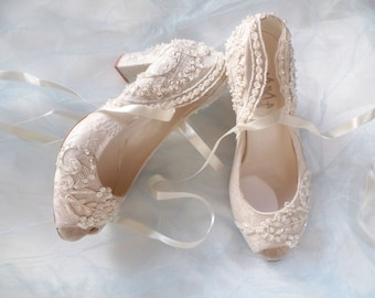 Ivory Lace Wedding Shoes with Block Heels, Elegant Satin Ties and Pearl Sequin Embroidery