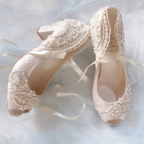 Ivory Lace Wedding Shoes for Bride with Block Heels and Satin Lace Ties