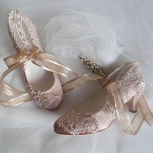 Shoes for Bride, Champagne Beaded Lace Wedding Shoes