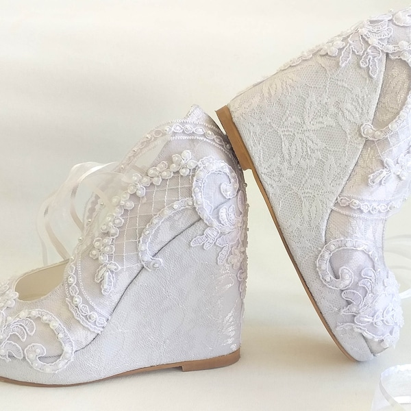 White Lace Wedding Wedges for Bride, Pearl and Sequin Embellished Bridal Wedges