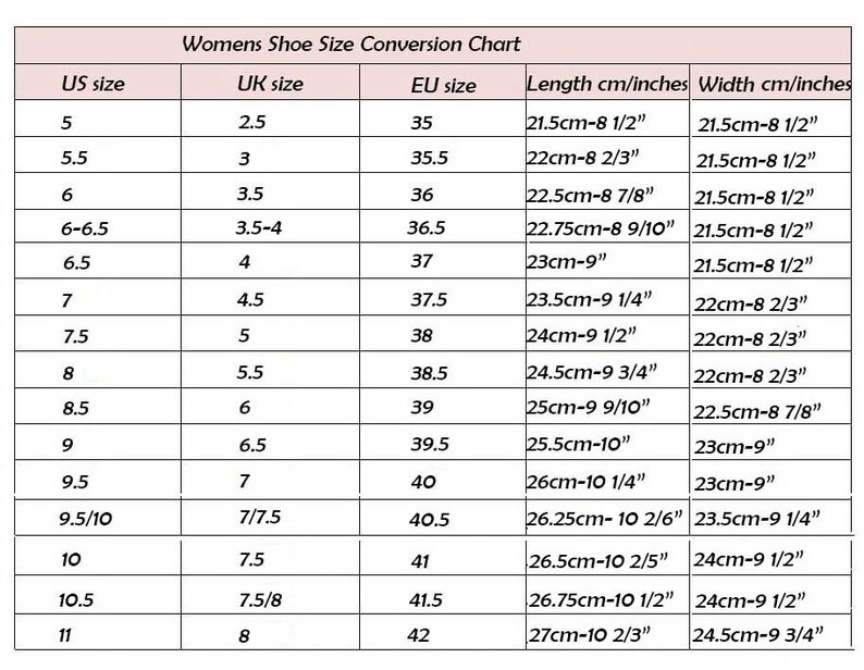 May include: A chart showing women's shoe size conversions in US, UK, and EU sizes. The chart also includes the corresponding length and width measurements in centimetres and inches.