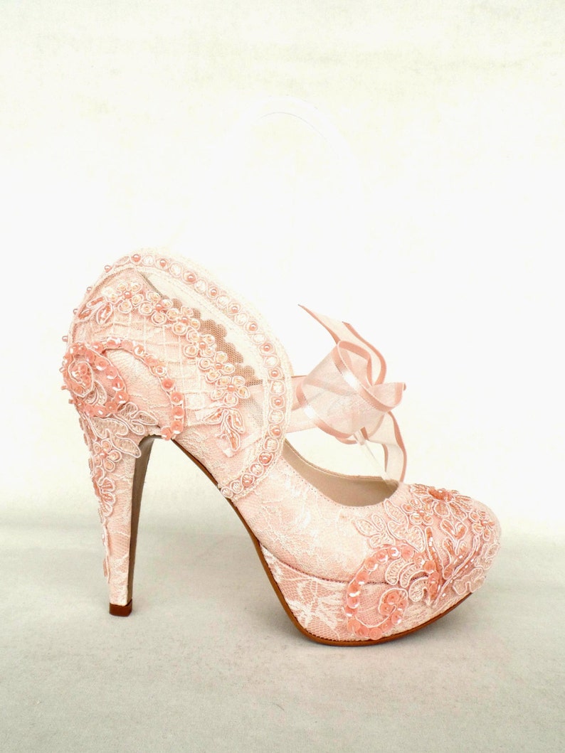 Blush Lace Wedding Shoes for Bride With Ribbons Etsy