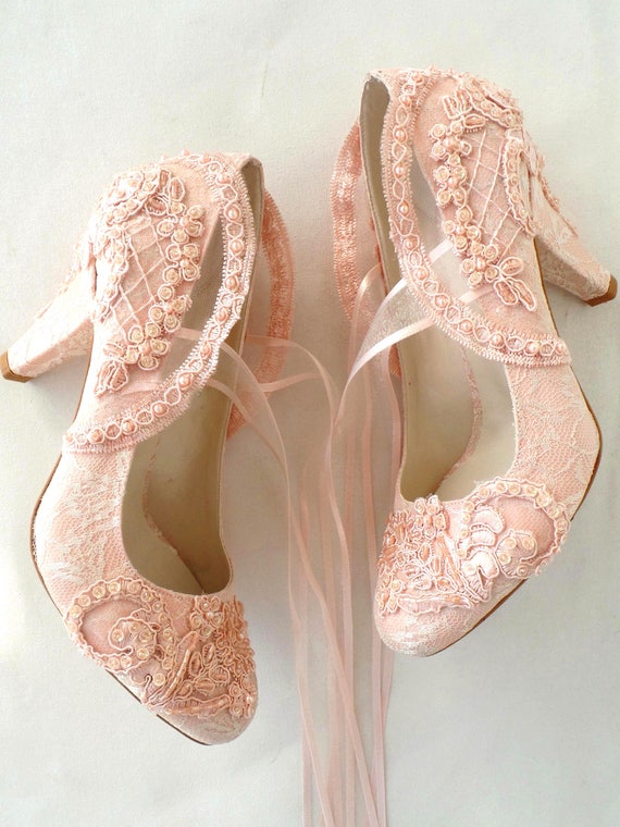 Blush Lace Wedding Shoes With Pearls and Ribbons - Etsy