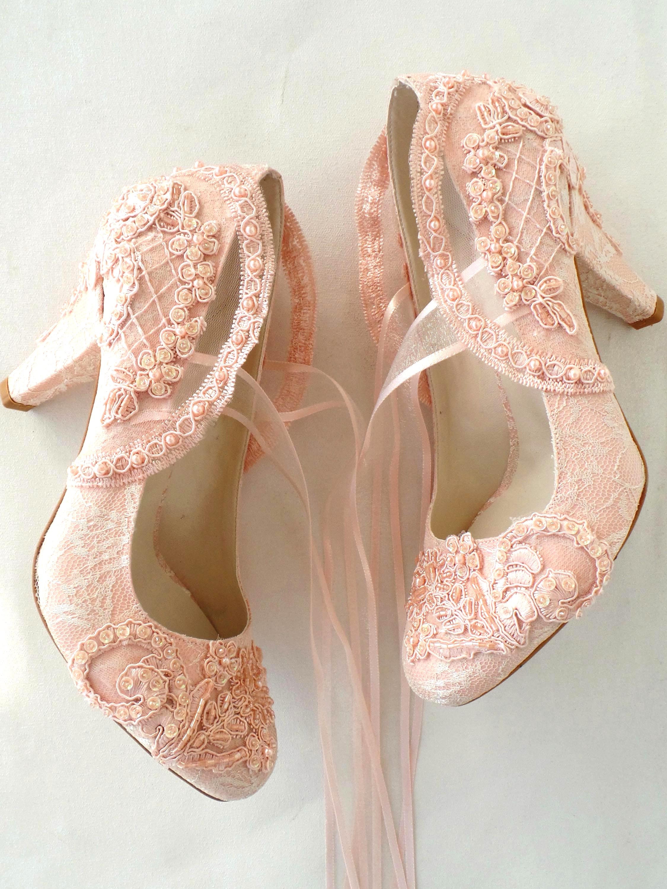 Blush Lace Wedding Shoes with Pearls and Ribbons