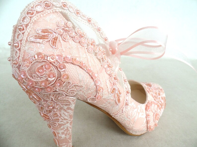 Blush Lace Wedding Shoes With Pearls and Ribbons Etsy
