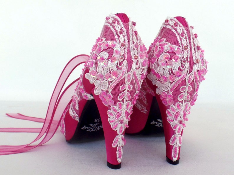 Magenta Satin and Ivory Lace Wedding Shoes for Bride image 8