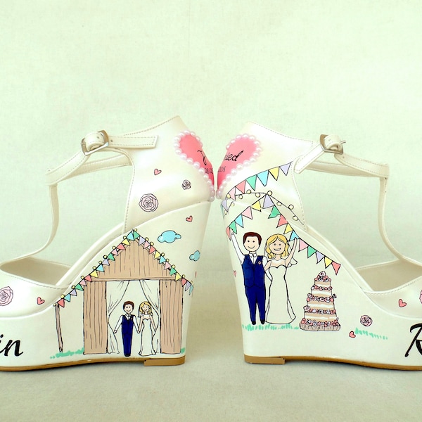Custom Wedding Shoes for Bride, Handpainted Wedding Wedges