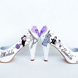 personalized wedding shoes with Eiffel tower, Liberty statue, bride and groom drawing, handlettering and rhinestones.