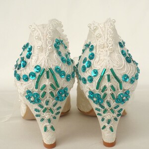 Teal Embroidered Ivory Lace Wedding Shoes for Bride image 7