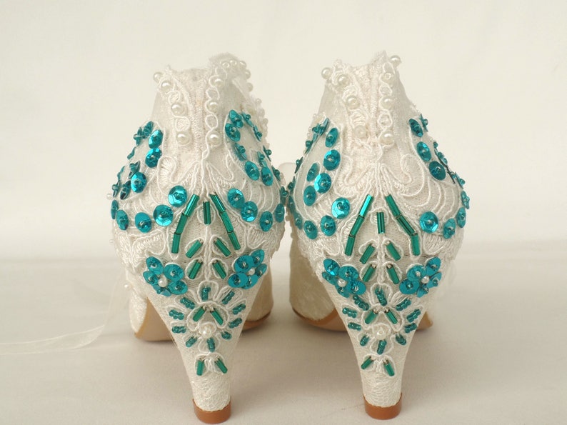 Teal Embroidered Ivory Lace Wedding Shoes for Bride image 7