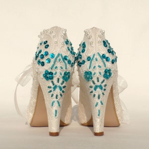 Teal Embroidered Ivory Lace Wedding Shoes for Bride 10cm(4")heels