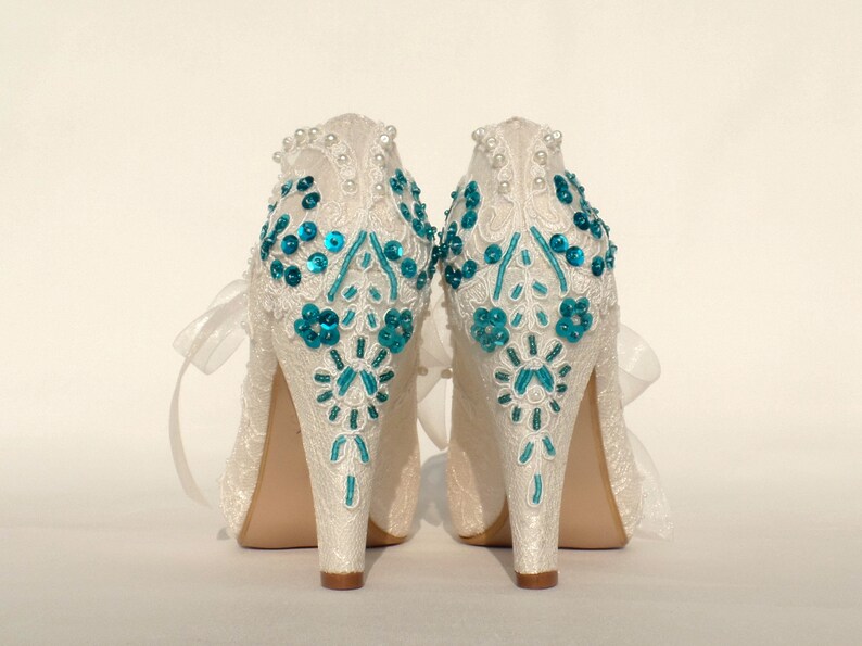 Teal Embroidered Ivory Lace Wedding Shoes for Bride 10cm(4")heels