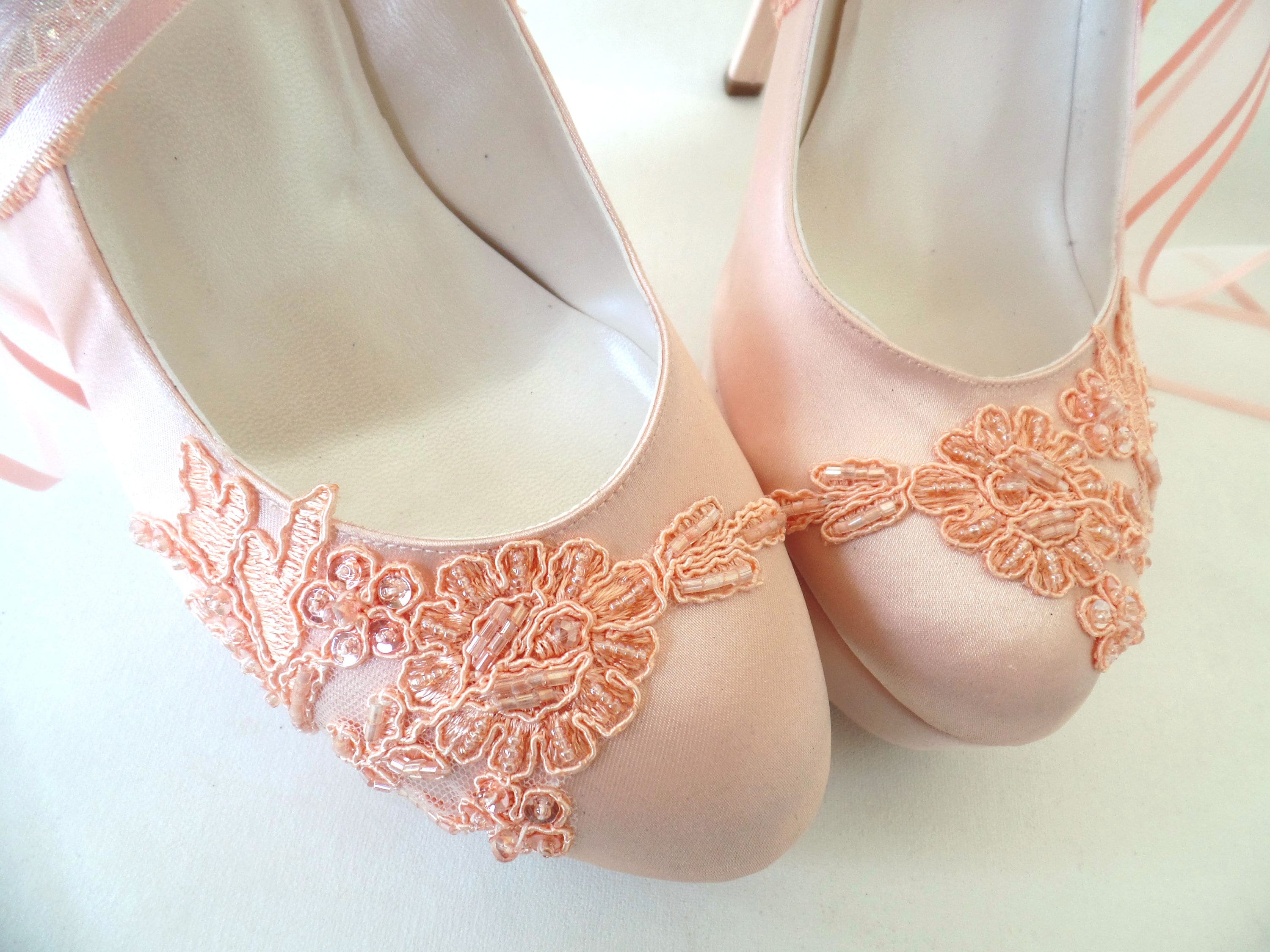 Peach Satin Embellished Lace Wedding Shoes Etsy Canada