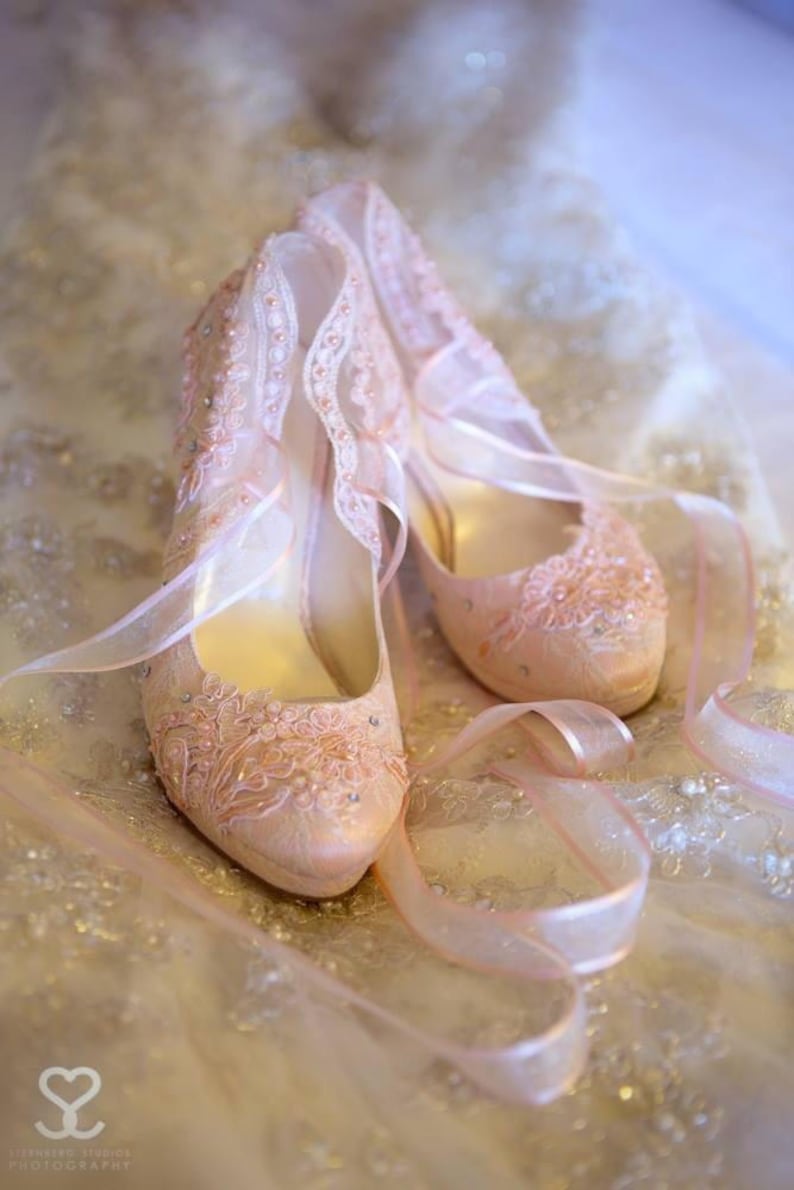 Blush Lace Wedding Shoes With Pearls and Ribbons Etsy