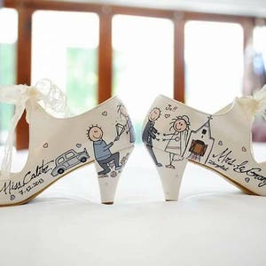 Personalized wedding shoes with low heels, handpainted bride and groom, handwritten names.