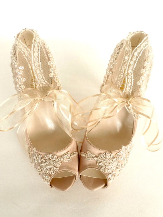 Zapatos de encaje zapatos de novia de champán - Etsy España