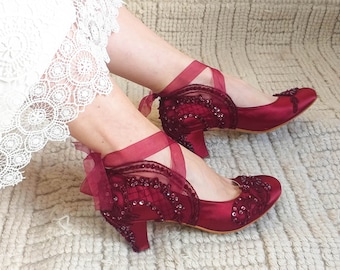 Burgundy Satin Wedding Shoes with Floral Lace Embellishment, Low Heel Bridal Shoes