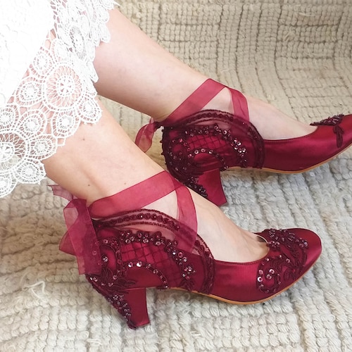 Burgundy Satin Wedding Shoes With Floral Lace Embellishment - Etsy