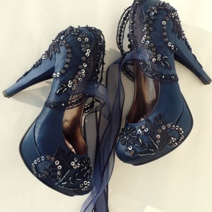 Navy Blue Lace Embellished Wedding Shoes - Etsy