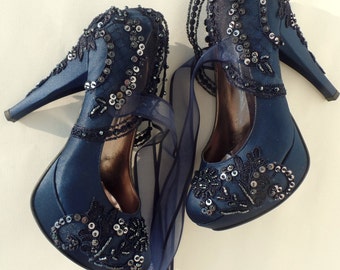 Navy Blue Lace Embellished Wedding Shoes