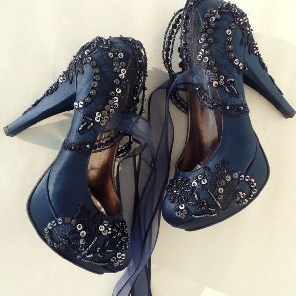 Navy Blue Lace Embellished Wedding Shoes