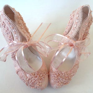 Blush Lace Wedding Shoes for Bride with Block Heels image 8