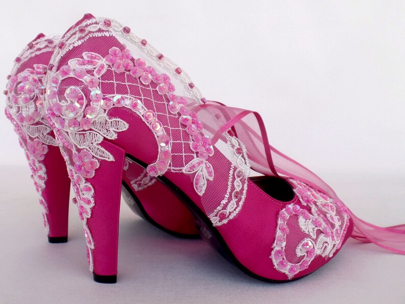 Magenta Satin and Ivory Lace Wedding Shoes for Bride image 7