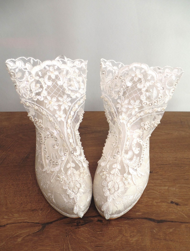 Boho Lace Bridal Boots with Block Heels, Ivory Lace Wedding Shoes image 6