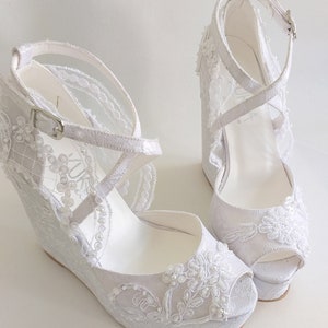 White Lace Wedding Wedge Sandals - Etsy