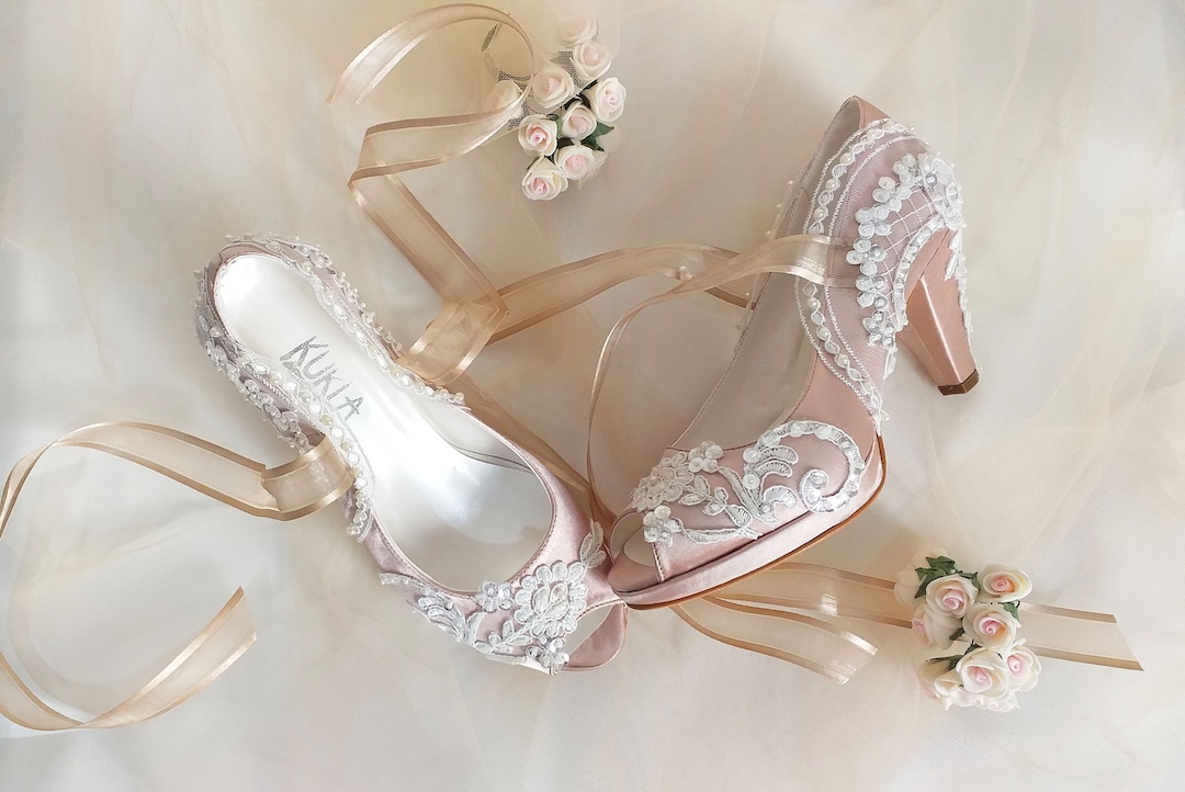 Champagne and Ivory Wedding Shoes, Beaded Floral Lace Bridal Shoes Etsy