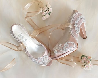 Champagne and Ivory Wedding Shoes, Beaded Floral Lace Bridal Shoes
