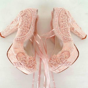 Blush Lace Wedding Shoes for Bride with Block Heels