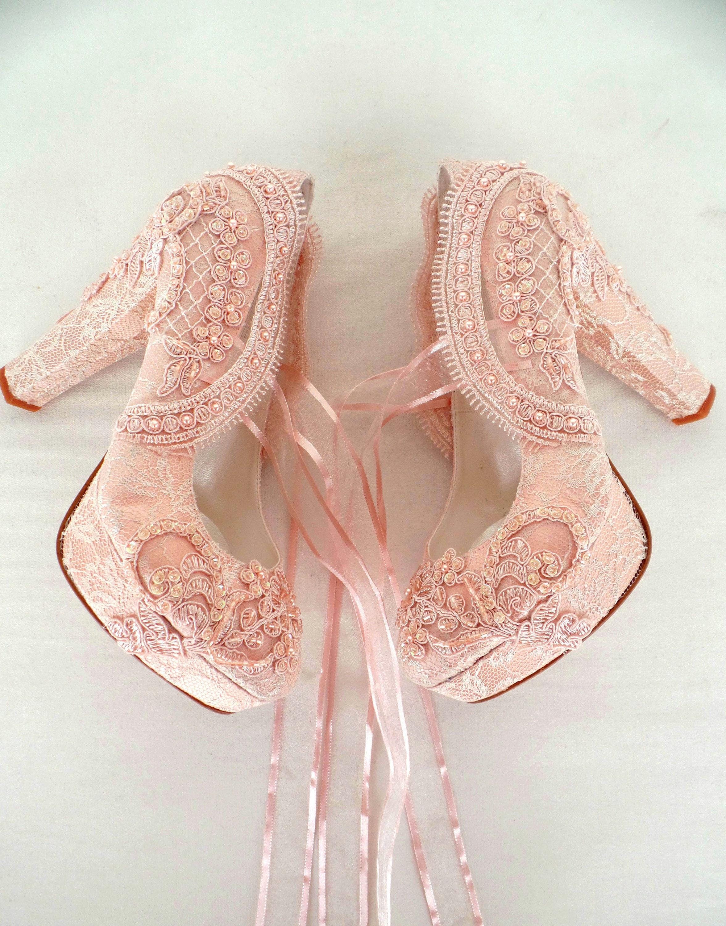 Blush Lace Wedding Shoes for Bride with Block Heels