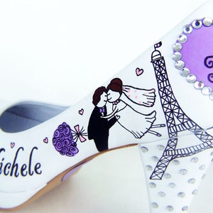 personalized wedding shoe with Eiffel tower, bride and groom drawing and lilac flowers