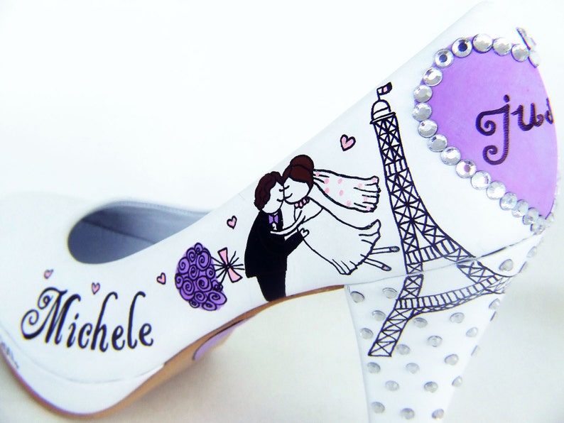 personalized wedding shoe with Eiffel tower, bride and groom drawing and lilac flowers