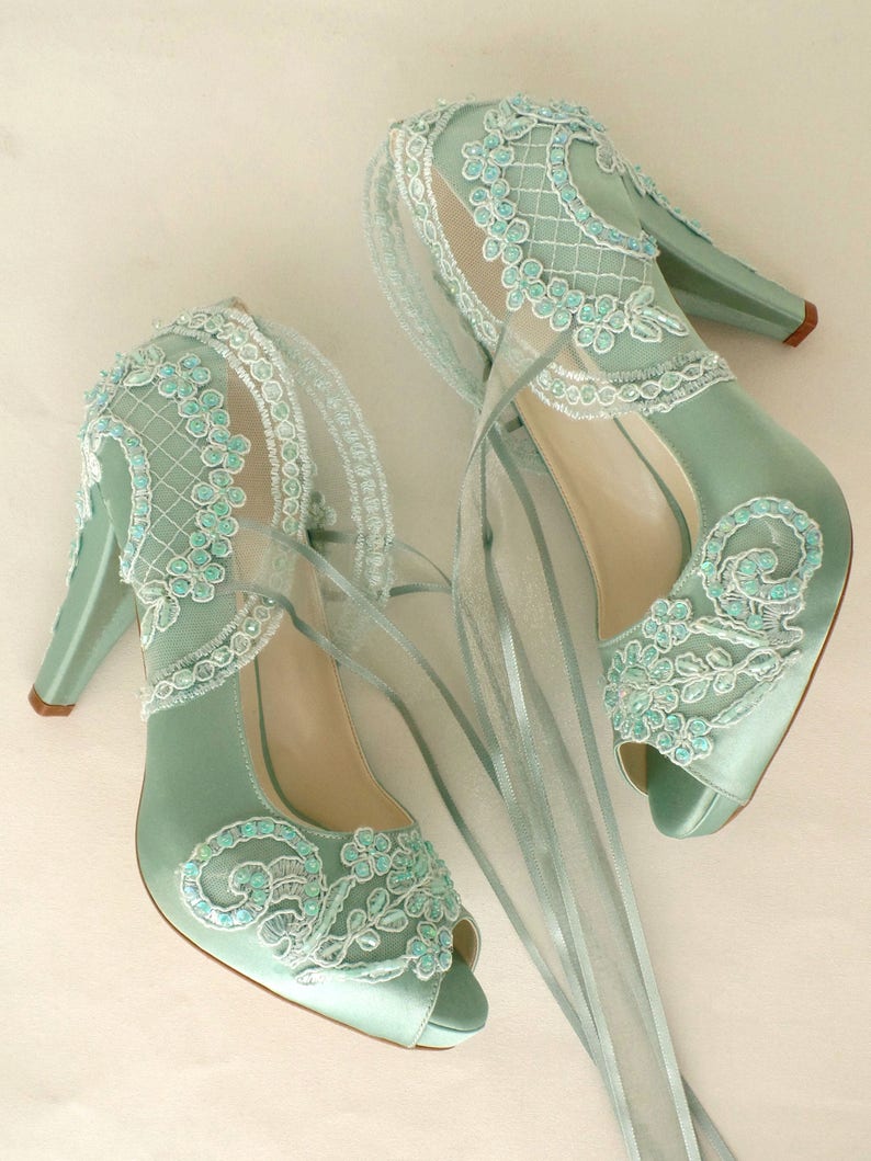 Lace Wedding Shoes Sage Green Satin Bridal Shoes Etsy