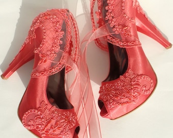 Coral Lace Bridal Shoes, Tropical Beach Wedding Shoes