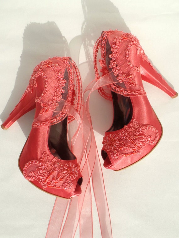 coral lace wedding shoes