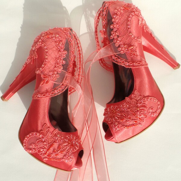 Coral Lace Bridal Shoes, Tropical Beach Wedding Shoes