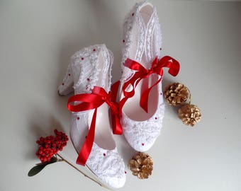 White Lace and Red Christmas Wedding Shoes