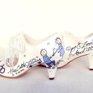 Custom wedding shoes for bride with handpainted proposal scene.