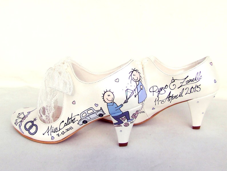 Custom wedding shoes for bride with handpainted proposal scene.