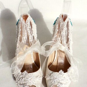 Teal Embroidered Ivory Lace Wedding Shoes for Bride image 5