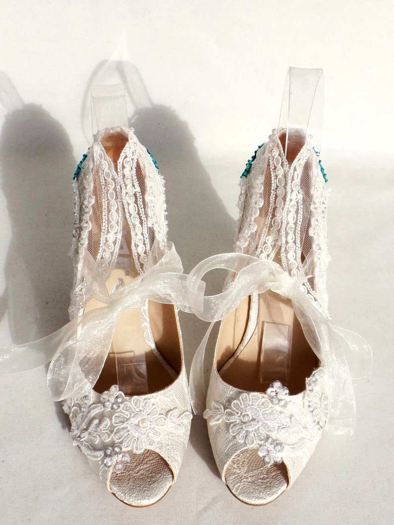 Teal Embroidered Ivory Lace Wedding Shoes for Bride image 5
