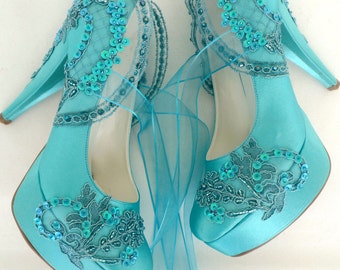 Embellished Lace Wedding Shoes, Teal Satin Embroidered Bridal Shoes