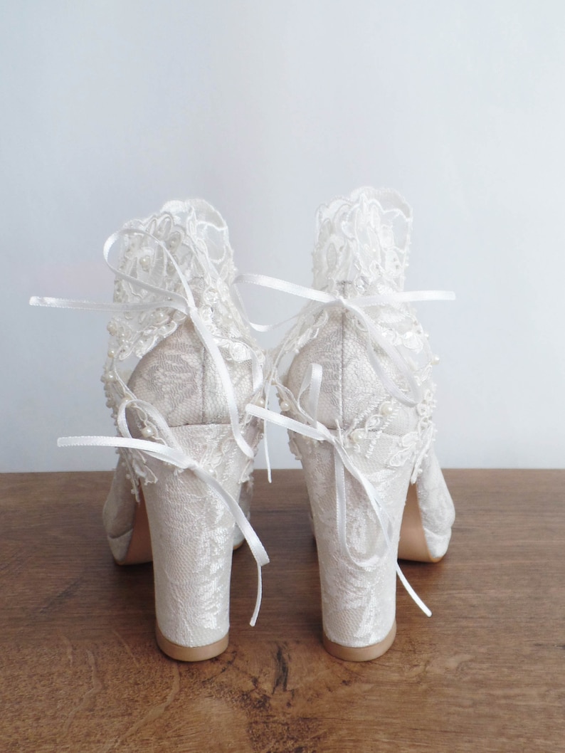 Boho Lace Bridal Boots with Block Heels, Ivory Lace Wedding Shoes image 7