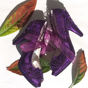 Purple Fall Wedding Shoes, Lace Embellished Bridal Shoes